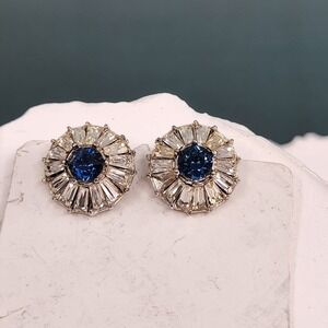 Bogoff Vintage Blue Rhinestone Clear Baguette Crystal Clip On Earrings Signed